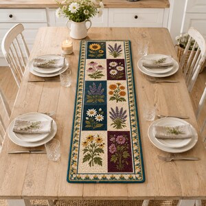 May include: A rectangular table runner featuring a patchwork design of various floral illustrations in shades of yellow, purple, white, and orange, bordered by a geometric pattern in blue, green, and yellow on a light wood dining table.