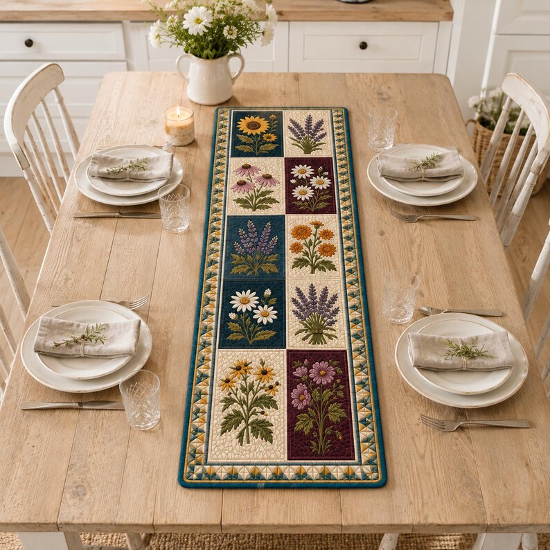 May include: A rectangular table runner featuring a patchwork design of various floral illustrations in shades of yellow, purple, white, and orange, bordered by a geometric pattern in blue, green, and yellow on a light wood dining table.