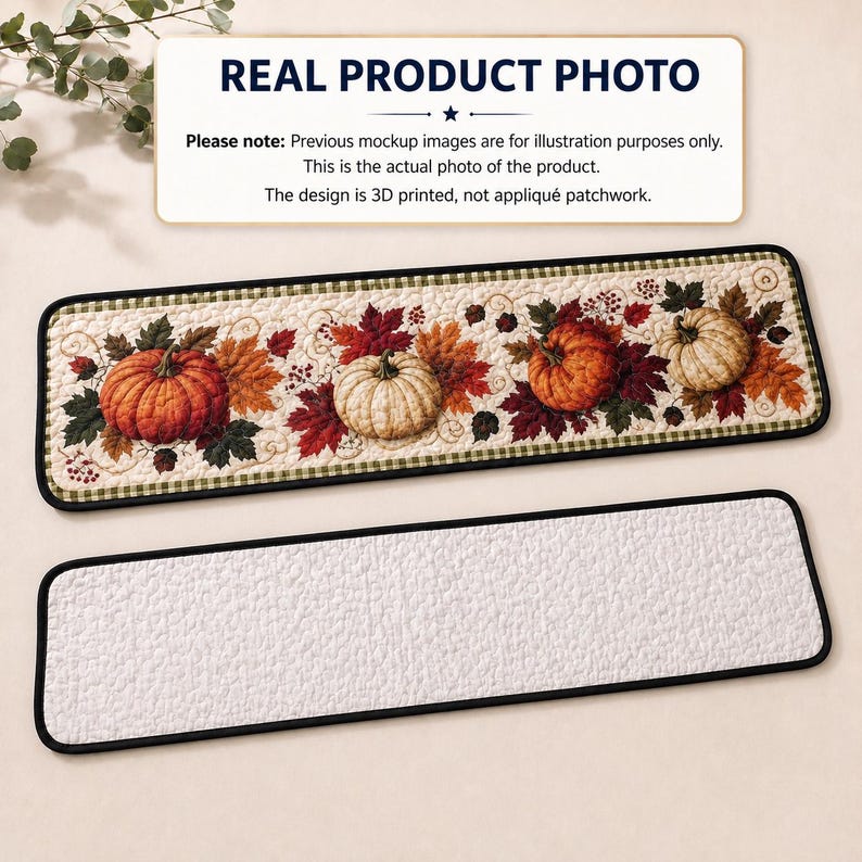 May include: Two rectangular stair treads with black edges. One tread features a 3D printed design of orange and white pumpkins surrounded by autumn leaves and berries on a cream background. The other tread is plain white with a textured surface.