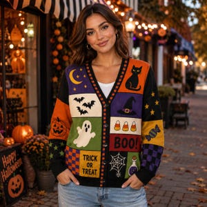 May include: A button-down cardigan featuring a patchwork design with various Halloween motifs including a black cat, a ghost, a pumpkin, bats, a witch hat, candy corn, a spider web, a potion bottle, and the text "TRICK OR TREAT" and "BOO".