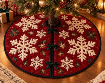 Red Quilted Christmas Tree Skirt, Snowflake Holiday Tree Mat, Rustic Winter Floor Decor, Traditional Christmas Home Decoration