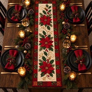 May include: A rectangular quilted table runner featuring a central cream panel with embroidered red poinsettias, green holly leaves, and gold berries, bordered by red and green plaid fabric, displayed on a wooden table with place settings.