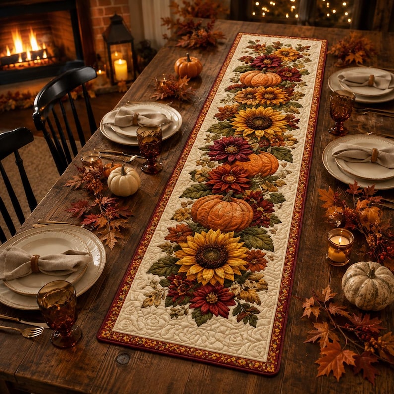 Fall Sunflower Pumpkin Table Runner, Autumn Floral Harvest Dining Decor ...