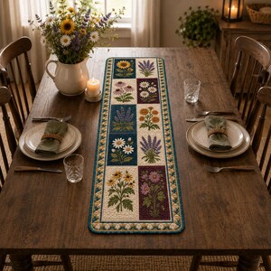 May include: A rectangular table runner featuring a grid of floral illustrations including sunflowers, daisies, and lavender on a cream background, bordered by a teal and gold geometric pattern, centered on a dark wooden dining table with place settings.