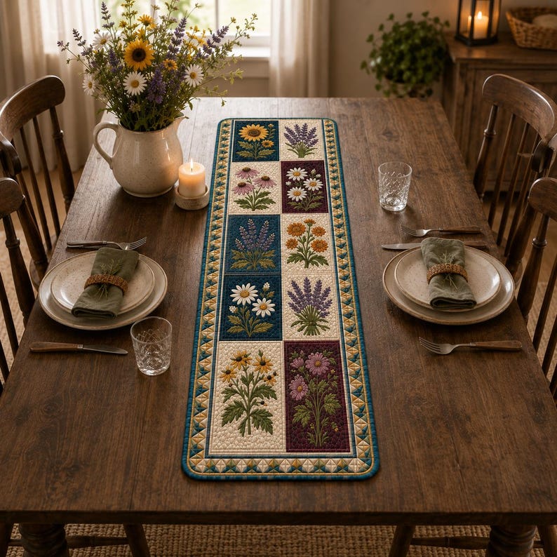 May include: A rectangular table runner featuring a grid of floral illustrations including sunflowers, daisies, and lavender on a cream background, bordered by a teal and gold geometric pattern, centered on a dark wooden dining table with place settings.
