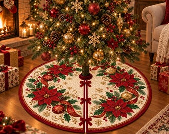 Quilted Christmas Tree Skirt, Red Poinsettia and Holly Holiday Tree Mat, Elegant Winter Floor Decor, Traditional Christmas Decoration