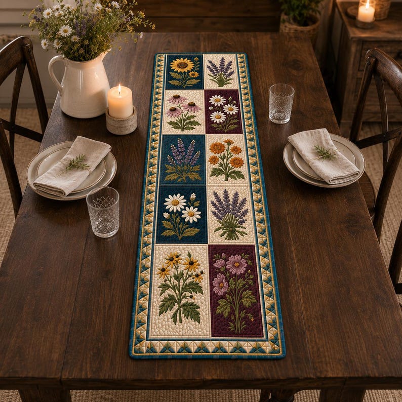 May include: A rectangular table runner featuring a grid of floral illustrations including sunflowers, daisies, and lavender. The runner has a decorative border with a geometric pattern in shades of blue, yellow, and cream, set on a dark wood table.