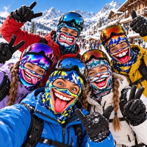 May include: A group of five people wearing colorful balaclavas with printed cartoon faces, including wide grins, tongues, and mustaches. Each person wears ski goggles over their headgear, black gloves, and winter jackets in red, blue, yellow, and white.