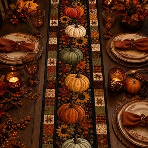May include: A rectangular fabric table runner featuring a central vertical row of six pumpkins in various colors, surrounded by autumn leaves and sunflowers. The border consists of a patchwork pattern of small squares in earth tones.