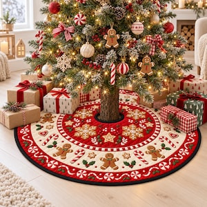 May include: A round Christmas tree skirt featuring a quilted design with gingerbread men, candy canes, holly leaves, and white snowflakes on a red and cream background. The border is trimmed in black, and the fabric has a stitched texture.