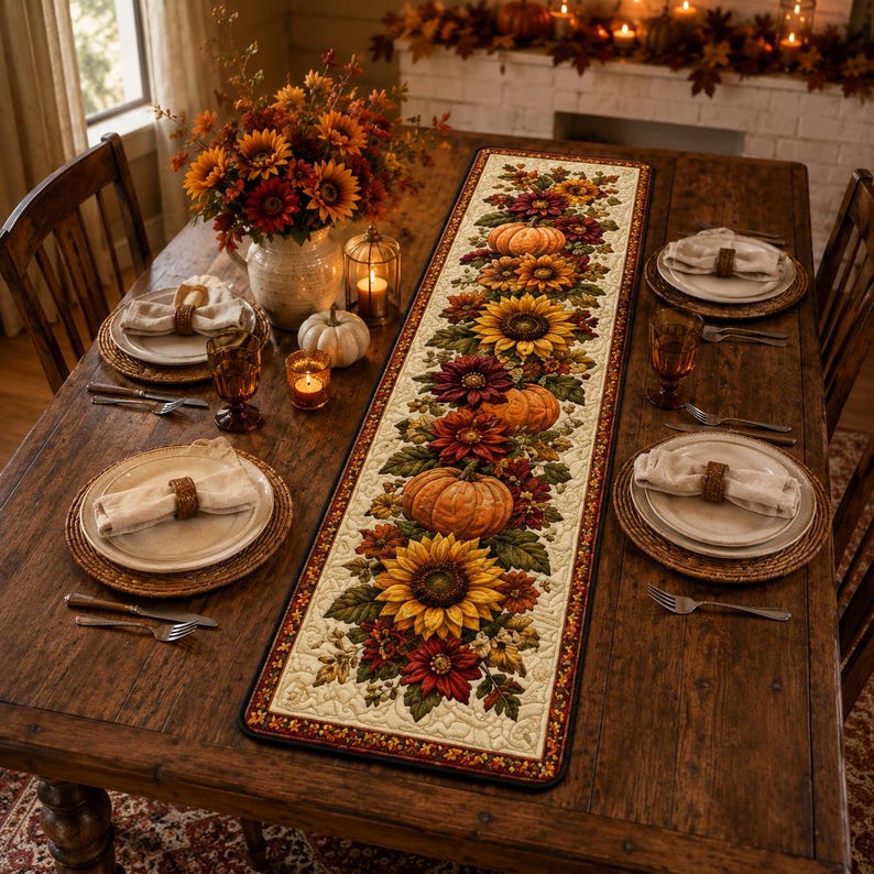 Fall Sunflower Pumpkin Table Runner, Autumn Floral Harvest Dining Decor ...