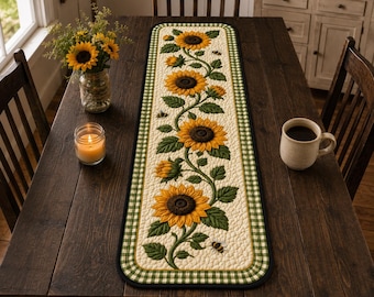 Sunflower Bee Table Runner, Quilted Floral Gingham Table Runner, Farmhouse Kitchen Dining Table Decor, Summer Country Home Gift