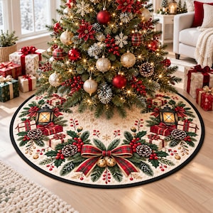 May include: A round cream-colored Christmas tree skirt featuring a festive print of red plaid bows, green pine branches, pinecones, red berries, gift boxes, and black lanterns with glowing lights, finished with a solid black border trim.