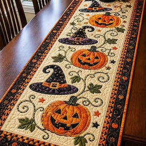 May include: A rectangular quilted table runner featuring a cream-colored center panel decorated with alternating orange jack-o'-lanterns and purple witch hats connected by green vines, framed by a black border with orange pumpkin motifs.