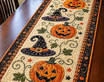 Halloween Pumpkin Table Runner, Witch Hat Jack O Lantern Dining Decor, Quilted Farmhouse Table Runner, Spooky Halloween Party Decor