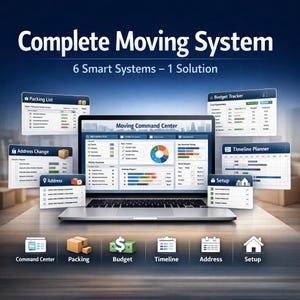 May include: A laptop displays the "Moving Command Center" interface, surrounded by informational cards for moving tasks. The image includes icons for packing, budget, timeline, address, and setup, with the text "Complete Moving System".