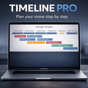 Puede incluir: Un ordenador portátil MacBook Pro plateado muestra una línea de tiempo de mudanza con el texto "TIMELINE PRO" y "Planifica tu mudanza paso a paso". La línea de tiempo incluye pasos como "Cancelar el contrato de arrendamiento".