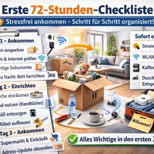 Könnte beinhalten: Eine illustrierte Checkliste mit dem Titel "Erste 72-Stunden-Checkliste" mit Aufgaben zum Einleben. Das Bild zeigt einen Umzugskarton mit einem Teddybären, einem Koffer und einem Klemmbrett mit einer Aufgabenliste.