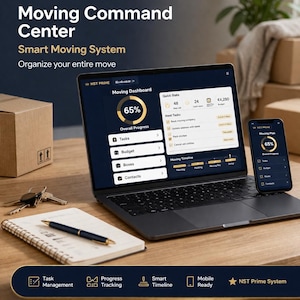 Sistema de gestión de mudanzas – Centro de control para mudanzas – Organice y controle su mudanza – Planificador todo en uno – Excel y Google Sheets
