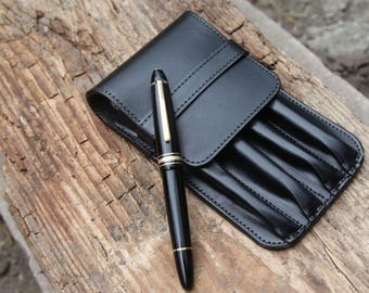 Vegetable Tan Leather Quadruple Pen Case Black