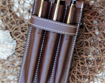 Vegetable Tan  Leather (3) Pen Case Chocolate Brown