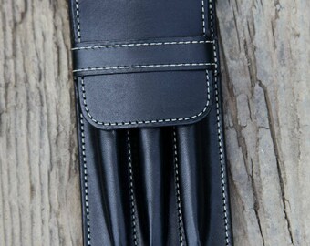 Triple Vegetable Tan  Leather (3) Pen Case, Black