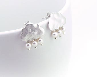 Rain Clouds Post Earrings in Brushed Silver or Gold Finish. Clouds with White Pearls Rain Drops. Snow Clouds Earrings. BFF