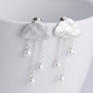 Rain Clouds Post Earrings. Silver plated Clouds with White Pearls Rain Drops. 925 Sterling Silver Post Earrings. Clip-Ons Earrings 画像 3