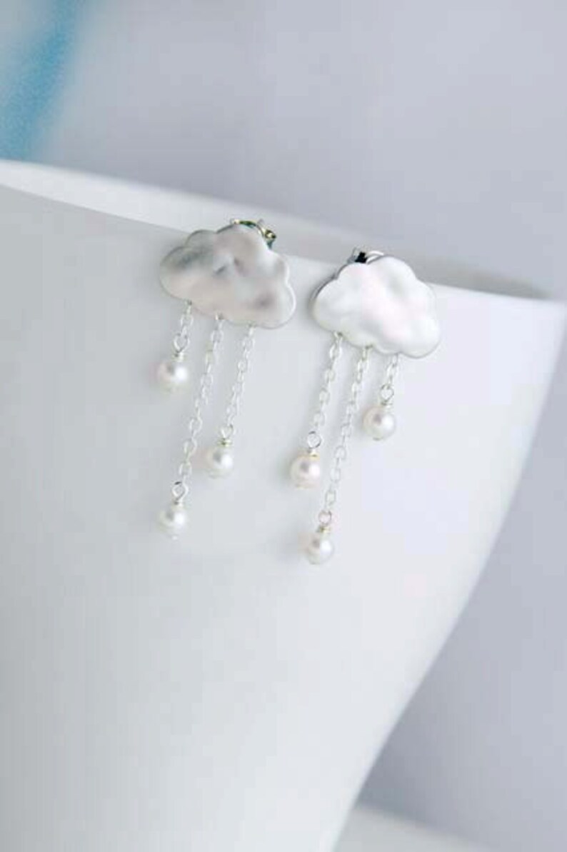 Rain Clouds Post Earrings. Silver plated Clouds with White Pearls Rain Drops. 925 Sterling Silver Post Earrings. Clip-Ons Earrings 画像 5