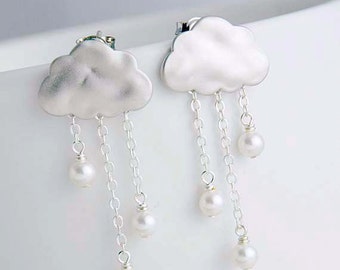 Rain Clouds Post Earrings. Silver plated Clouds with White Pearls Rain Drops. 925 Sterling Silver Post Earrings. Clip-Ons Earrings