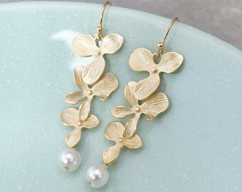 Gold Cascading Orchids Earrings. Clip-ons. Wedding Earrings. Bridesmaid Gift. Bridal Earrings.Bridesmaid Earrings. Non Pierced Earrings