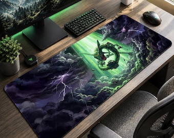 Rayquaza Mouse Pad XL – Legendary Pokémon Desk Mat – Emerald Dragon Anime Gaming Mousepad – Storm Sky Desk Setup