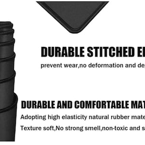 May include: Black rolled-up mouse mat with stitched edges. The image text reads "Durable Stitched Edges" and "Durable and Comfortable Material". The mat is made of high elasticity natural rubber material.