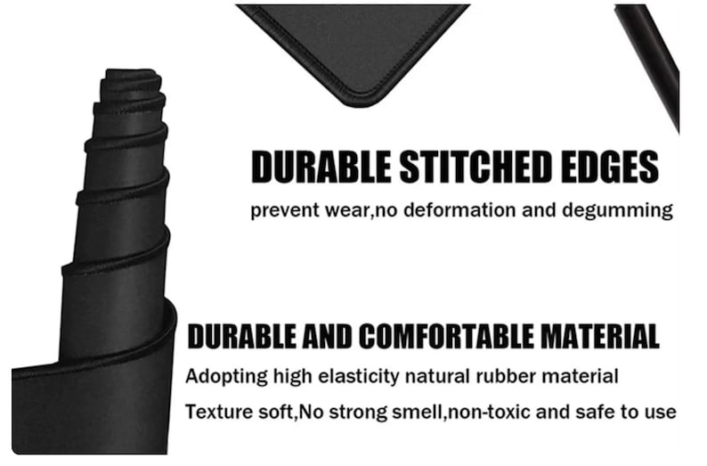 May include: Black rolled-up mouse mat with stitched edges. The image text reads "Durable Stitched Edges" and "Durable and Comfortable Material". The mat is made of high elasticity natural rubber material.