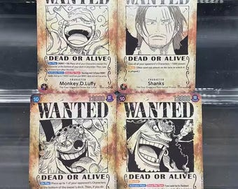 One Piece 4 Emperors Wanted Cards: Luffy, Shanks, Buggy, Blackbeard (Holographic TCG)