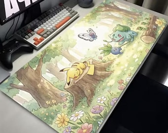 Pikachu & Bulbasaur Mouse Pad XL – Cute Forest Pokémon Desk Mat – Pikachu Bulbasaur Butterfree Gaming Mousepad – Nature Pokémon Desk Pad