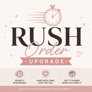 Può includere: Un cartello grafico con un'icona di cronometro e il testo RUSH Order UPGRADE in marrone scuro e rosa. Sotto ci sono tre icone circolari che rappresentano l'elaborazione prioritaria, la cura e la consegna rapida, con il testo Thank you for supporting my small business.