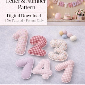 May include: Soft Nest Little Co. digital download of a letter and number pattern. The image shows fabric numbers in various patterns, including floral and gingham. A birthday banner and cake are in the background. The numbers are 1, 2, 3, 4, and 7.
