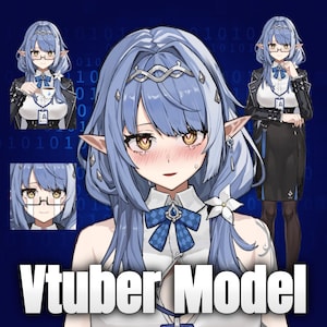以下が含まれることがあります： 青い髪、メガネ、尖った耳を持つVtuberモデルのデジタルイラスト。 モデルは、青いリボンと黒いブレザーが付いた白いトップスを着ています。 背景は、バイナリコードの濃い青色です。
