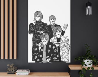 Beatles Line Drawing canvas Art , The Beatles Drinking Tea Print Canvas Ready To Hang 1.25" Deep No Y-488