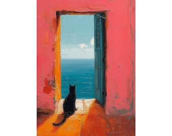 Impasto Black Cat Staring at the Sea Colorful Coastal Poster Y-508