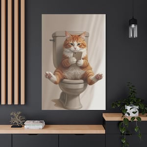 Funny Cat on Toilet Phone Art Print, Humorous Pet Bathroom Decor, Cute Feline Wall Art  Canvas Ready To Hang 1.25" Deep Y - 206