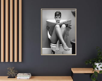 Audrey Hepburn Reading Newspaper in Bathroom, Iconic Pose Framed Canvas Print Y-609