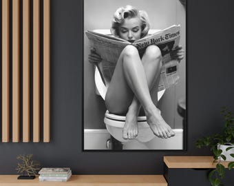 Marilyn Monroe Reading Newspaper in Bathroom, Iconic Pose, Vintage Framed Canvas Wall Art Y-3