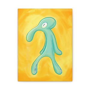 Könnte beinhalten: Leinwanddruck mit einer türkisfarbenen, stilisierten Figur mit einem Auge, vor einem leuchtend gelb-orangen Hintergrund. Die Figur hat einen länglichen Kopf und Gliedmaßen mit minimalistischem Design. Das Kunstwerk ist eine Cartoon-Illustration.