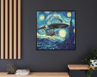 Star Trek Starship USS Enterprise in Van Gogh's Starry Night Framed Canvas Wall Art, Pop Culture Mashup Sci-Fi Classic Art Y-729