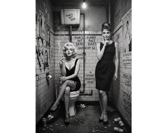 Audrey Hepburn Marilyn Monroe Punk Bathroom Art, Gritty Glamour Print, Rolled Poster Y-976