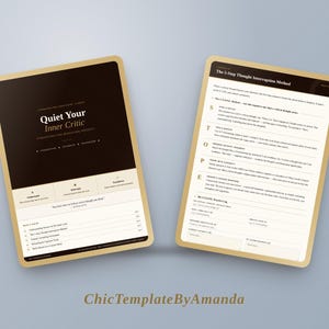 May include: Two digital document pages with a dark brown and cream color scheme. The left page is titled Quiet Your Inner Critic and lists contents. The right page details The 5-Step Thought Interruption Method with sections labeled S, T, O, P, E.
