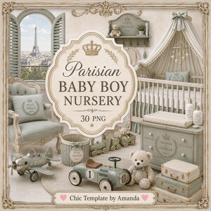 Ensemble d'images clipart pour chambre de bébé garçon à la française | Décoration parisienne bleu sauge et beige | Chambre du Petit Prince - 30 PNG | Style shabby chic - Téléchargement numérique instantané