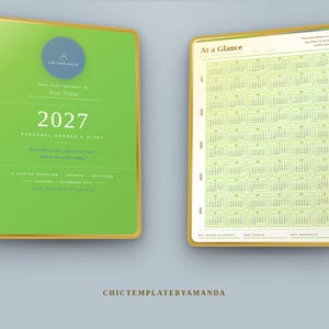 May include: A 2027 personal planner and diary with a bright green cover featuring a blue circle, white text, and a gold border. The interior page displays a yearly calendar titled At a Glance with a light green grid and gold border.
